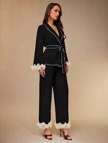 Silquee Conjunto de pijama de mujer con volantes de color contrastante, ropa de otoño e invierno - Negro - Ver 6