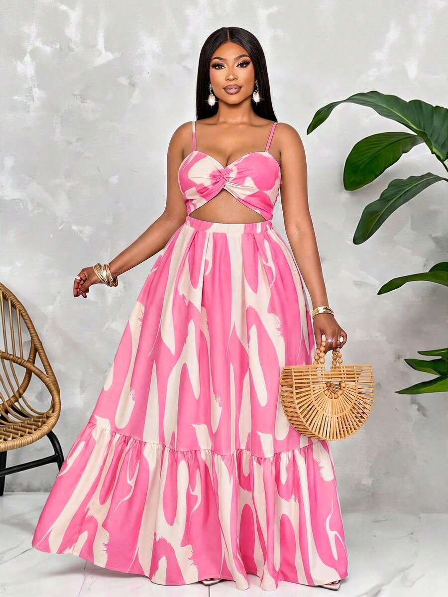 SOLERSUN Women's Plus Size Elegant Casual Sleeveless Romantic Floral Printed Beach Vacation Twist-Knot Cinched Waist A-Line Dress Maxi Women Outfit With Spaghetti Straps, Spring And Summer For Summer Hawaii,Summer Dresses For Women,Tea Party Dress(Random Floral Print Cut) - Pink - View 1