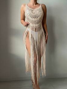 Swim Vcay Top de crochet con flecos para mujer para la playa en verano, perfecto para vacaciones en la playa - Albaricoque - Ver 5