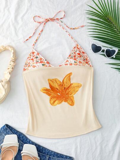 Roelina 大码女式休闲碎花拼接露背上衣