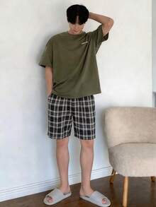 DAZY Men's Summer Letter Print T-Shirt And Plaid Pants Pajama Set - Multicolor - View 3