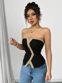 Elenzga Áo croptop nữ kiểu bustier phối màu tương phản, thiết kế cài nút, hở lưng. - màu đen - Xem 3