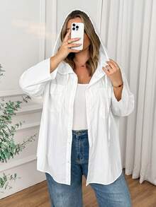 SHEIN CURVE+ Camisa suelta con capucha, tela transparente y fresca, protección solar, casual para vacaciones - Blanco - Ver 9