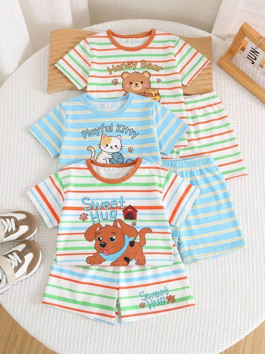 SHEIN Bộ 2 món đồ ngủ ngắn tay, quần short, họa tiết hoạt hình hình chó, sọc, dáng rộng thoải mái cho bé trai, thích hợp mặc mùa hè. - Nhiều màu - Xem 1