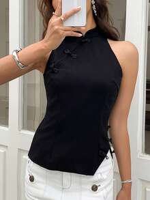 EastFlair Schwarzes verführerisches Abendtop im chinesischen Stil, ärmellose figurbetonte Bluse mit Mandarin-Cheongsam-Kragen, elegant für den Sommer, Business Casual - Schwarz - Übersicht 3