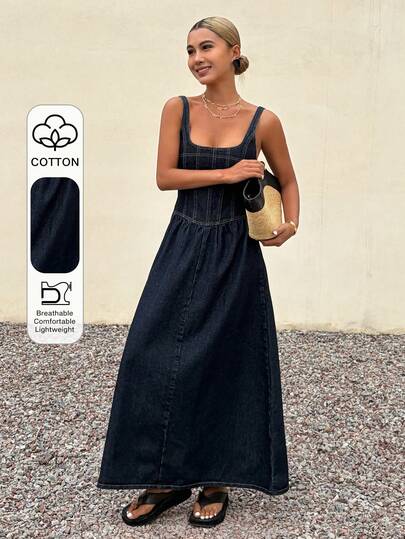 Livesso Đầm yếm dáng suông, màu denim bạc, thiết kế xương cá, thắt eo, thích hợp cho mùa hè, mùa xuân, kỳ nghỉ, lễ hội âm nhạc.