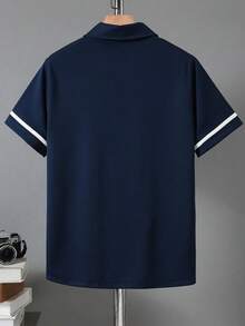 Vacaura 时尚印花 Polo 领短袖休闲百搭衬衫，适合青少年男孩 - 藏蓝色 - 查看 2