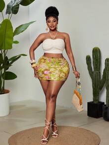 Maweii Plus Size Floral Sequin Bodycon Mini Skirt - Multicolor - View 6