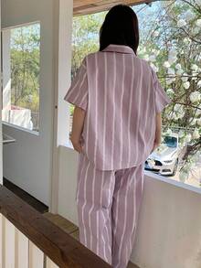 Dazy Plus 2件套女士加大码条纹宽松短袖上衣和长裤睡衣套装，紫色可爱睡衣，春夏款 - 紫色 - 查看 6