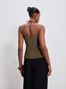 ATUI Studio Women's Solid Color Fitted Beaded Halter Top, Summer,Summer Top - Brown - View 4