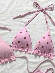 Swim Mod 3pcs Women's Summer Beach Golf Halter Tie Sexy Bikini Top And Triangle Bottoms Swimwear Set White - Pink - View 3