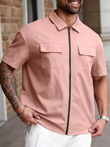 Manfinity Homme Camisa de manga corta con cuello vuelto, bolsillo y cremallera, de unicolor, informal, para hombre de talla grande, para verano - Rosa - Ver 3