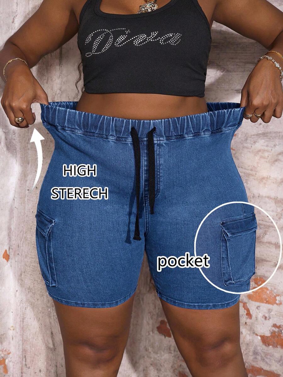 Slaydiva Celana Pendek Denim Kargo Seksi Ketat Pinggang Tinggi untuk Wanita Ukuran Plus - Medium Wash - View 1