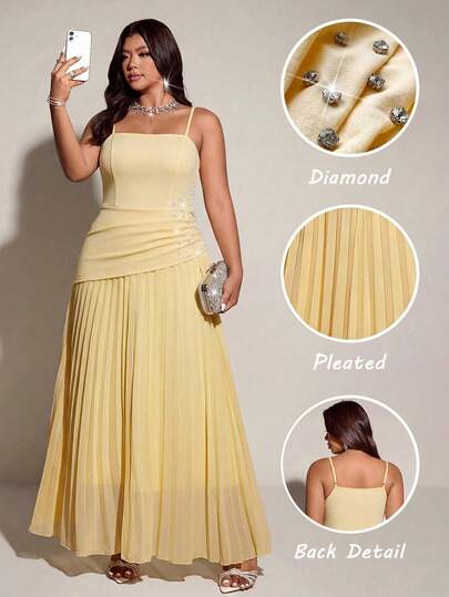 Viva Relle Plus Size Women's Spring/Summer New Elegant Banquet Dress, Delicate Pale Yellow Rhinestone Pleated Maxi Dress With Spaghetti Straps And Waist Cinching, Suitable For Birthday Party, Date Night, Formal Dinner, Wedding, Bridesmaid, High-End Gathering, Urban Outing. Luxurious Socialite Style Fashion, Glamorous Plus Size Dress.