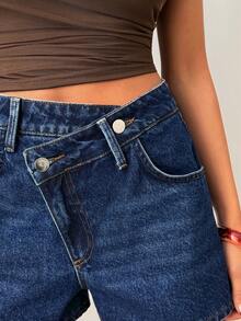 SHEIN Women High-Rise Cross Waist Washed Detail Denim Short - Medium Wash - View 3