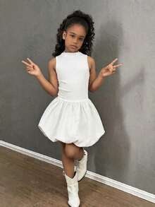 SHEIN Tween Girls Casual Floral Puff Dress, Versatile Daily Wear & Fashionable Streetwear - White - View 3