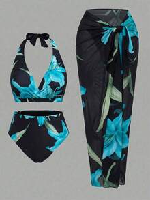 Swim Oasis Bộ đồ bơi 3 mảnh cỡ lớn dành cho nữ, kiểu dáng gợi cảm, cổ yếm, in kỹ thuật số ngẫu nhiên, thích hợp cho bãi biển, hồ bơi, phong cách thường ngày và thanh lịch. - Nhiều màu - Xem 1