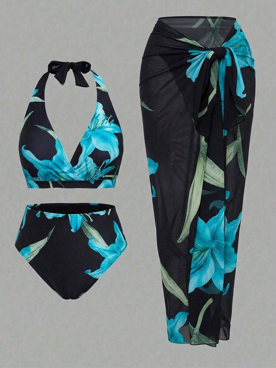Swim Oasis Bộ đồ bơi 3 mảnh cỡ lớn dành cho nữ, kiểu dáng gợi cảm, cổ yếm, in kỹ thuật số ngẫu nhiên, thích hợp cho bãi biển, hồ bơi, phong cách thường ngày và thanh lịch. - Nhiều màu - Xem 1