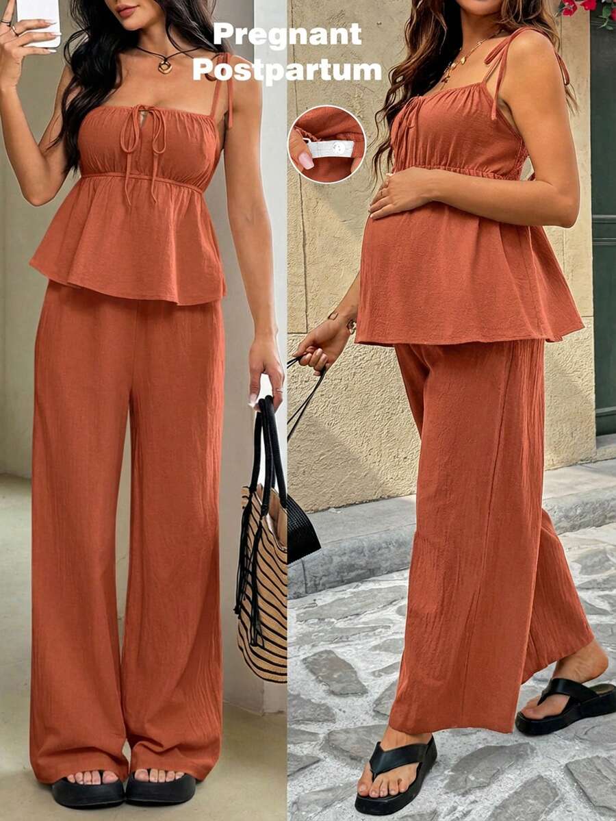 SHEIN Pregnant Women's Solid Color Spaghetti Strap Ruffle Tie-Front 2 Pieces Set, Fashionable For Summer - Orange - View 1