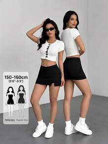 SHEIN PETITE 休闲纯色低腰开衩迷你裙 - 黑色 - 查看 2