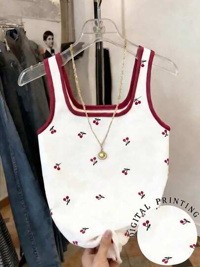 GlowEve Women's Summer New Style Cherry Print Wide U-Neck Narrow Shoulder Strap Soft And Comfortable Office Wine Red Contrast Color Tank Top
