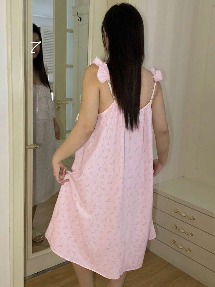 Dazy Plus Cute Floral Layered Lace Ruffle Strap Casual Plus Size Women's Pink Adorable Nightgown, Spring/Summer