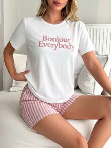WovenCharm Baumwolle 2 Stücke Pyjama-Set in Große Größen mit Linien-Muster an Lang-Hose & Shorts und Slogan-Muster Top für Zuhause - Weiss - Übersicht 3