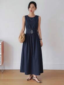 Dazy-Less Women's Sleeveless Belted Midi Dress, Business Casual Vacation Style, Spring & Summer - Navy Blue - View 4