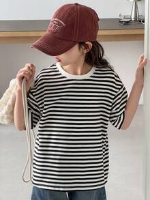 Dazy Kids Ropa de otoño para niña preadolescente, camiseta de manga larga con cuello a rayas de color contrastante - Blanco y Negro - Ver 9