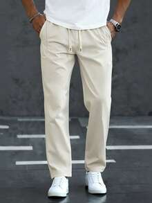Manfinity Homme Pantalones casuales de unicolor con bolsillo y cordón para uso diario para hombres - Beis - View 7