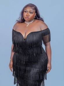 CurvyTilda Abito midi da donna con scollo a cuore e spalle scoperte, con frange, per feste e compleanni, taglie comode - nero - Visualizzare 6