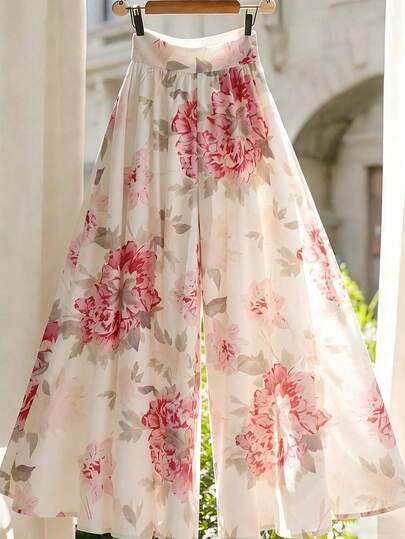 Franclia Women's Floral Print Wide-Leg Casual Trousers, Suitable For Spring And Summer, Everyday Casual Wear, Everyday Elegance, Fresh And Stylish Trousers, Office Wear, Business Meetings, Versatile Trousers, Beach Wear, Women's Beach Wear, Women's Vacation Wear, Women's Culottes, Pink Trousers, Country Music Concert Wear, Country Style Trousers, Elastic Waist Trousers Summer Long Rose-Colored Trousers, Long Floral Culottes Suitable For Summer Wear, Women's Elegant Culottes, Outfits, Vacations, Women's Summer Casual Wear, Pink Floral Culottes, Flowy Floral Culottes.Sports,Luxury,Formal,Work Outfits For Women,Country Concert Outfit,Graduation Season Attire, Fashionable Casual Commuter Wear, Business Office Wear, Versatile And Stylish Everyday Casual Wear, Urban Teacher's Professional Attire