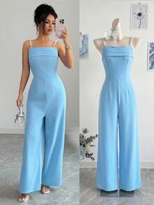 SHEIN Raffinéa Women's Summer Light Blue Pearl Decor Chain Strap Elegant Commuter Style Fitted Ruched Waist Backless Jumpsuit - Baby Blue - View 8