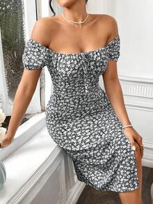 SHEIN Unity 女士碎花露肩开衩短袖迷你连衣裙 - 黑色 - 查看 5