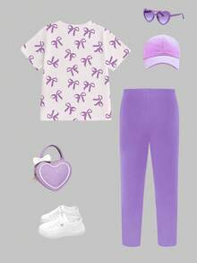 女童休闲时尚百搭春夏T恤打底裤套装，米白色和米紫色，紫色蝴蝶结，可爱猫咪动物印花，宽松圆领短袖T恤搭配紫色打底裤，春夏套装，儿童裤装套装 - 彩色 - 查看 4