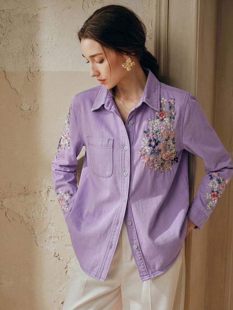 Women's Elegant Floral Embroidered Long Sleeve Shirt, Romantic For Party, Vacation, Paired With Jeans, Spring/Summer