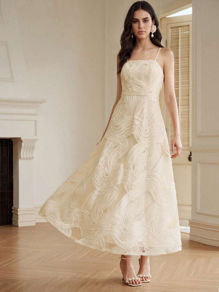 Women's New Elegant Party Banquet Asymmetrical Ruffle Embroidered Camisole Waist A-Line Dress