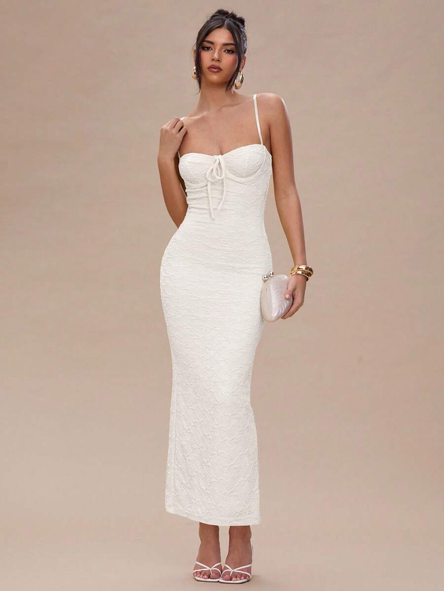 SHEIN BAE Vestido Elegante Ajustado com Amarração na Frente e Cor Sólida, Verão - Damasco - Visão 1