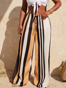 SHEIN SXY Women's Black And White Striped Linen-Like Wide Leg Pants,High Waist Elastic Waistband Summer Boho Elegant Beach Holiday Casual Long Trousers Outfit - Multicolor - View 8