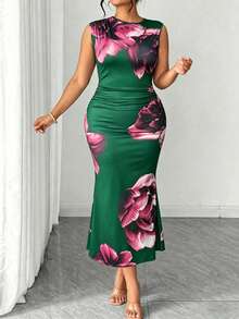 SHEIN PETITE CURVE 大码女式碎花修身无袖连衣裙，优雅适合约会和外出 - 墨綠色 - 查看 4