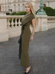 女士圆领短袖连体裤 - 軍綠色 - 查看 3