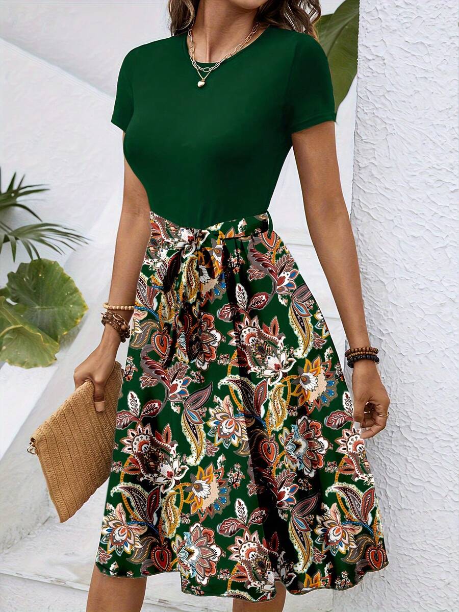 SHEIN LUNE Vestido casual de uso diario con cuello redondo, estampado, parches y cinturón para primavera y verano - Multicolor - Ver 1