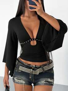 StreetHx Deep V-Neck Ribbon & Pearl Decor Flare Sleeve T-Shirt - Black - View 6