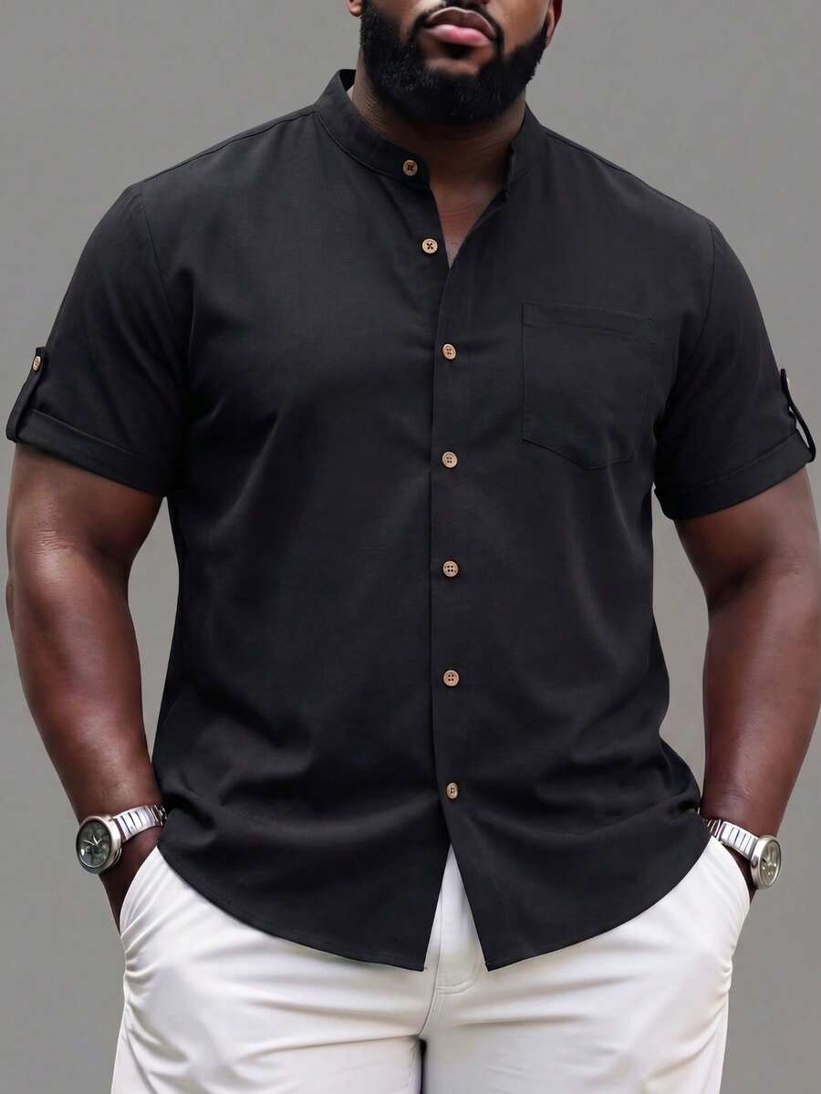 Manfinity Homme Plus Size Men's Casual Solid Color Short Sleeve Shirt For Summer - Black - View 1