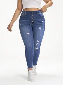Jeanoix Quần jean skinny rách dáng rộng, cỡ lớn, phong cách thường ngày. - Màu xanh lam - Xem 1