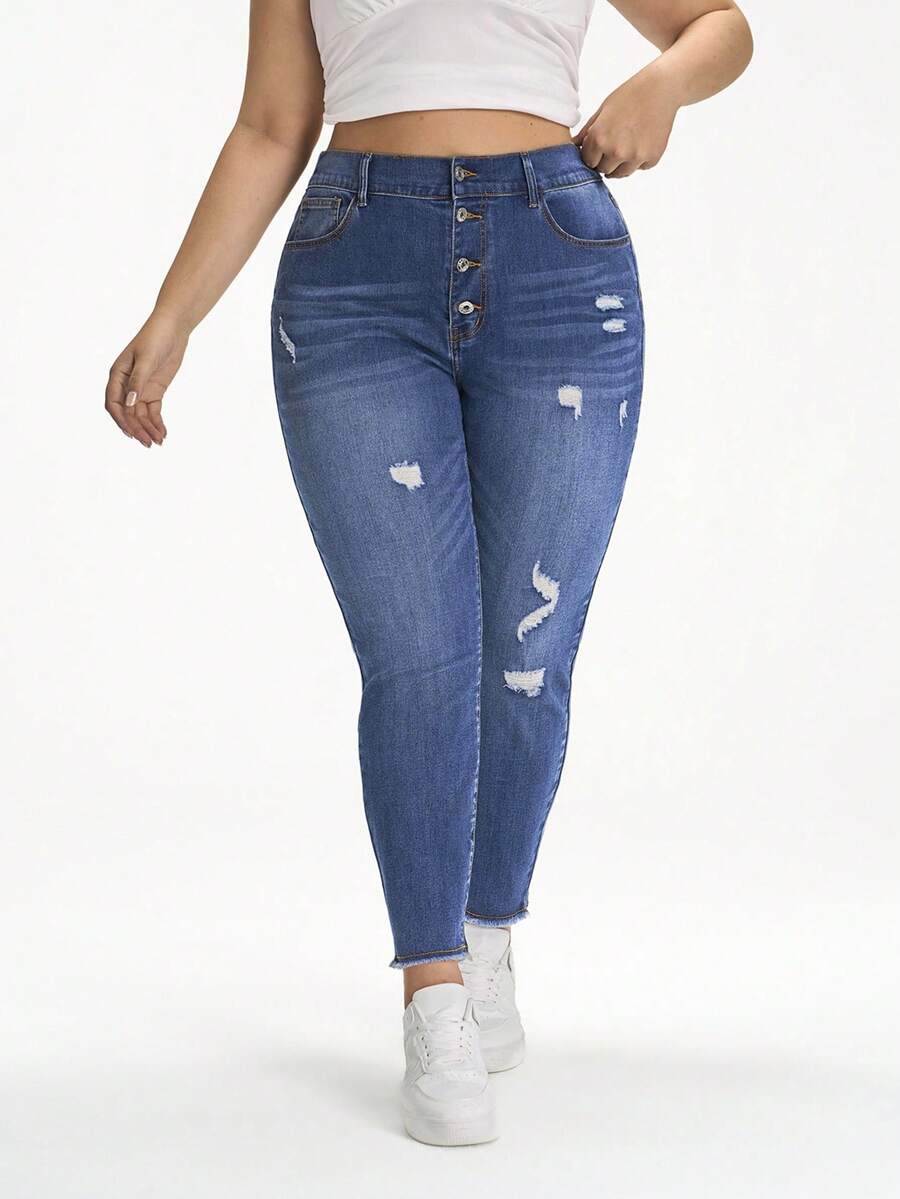 Jeanoix Quần jean skinny rách dáng rộng, cỡ lớn, phong cách thường ngày. - Màu xanh lam - Xem 1