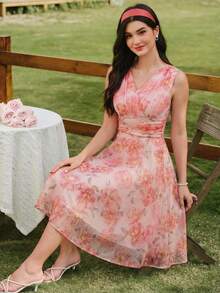 Vintamour Vestido de mujer elegante y vintage con estampado floral de organza, vestido casual de verano para vacaciones, ropa de verano, atuendos de verano para mujer, atuendos de festival, vestidos de festival, atuendo para el Día de la Madre, vestidos elegantes para mujer, vestidos elegantes para fiestas, vestidos elegantes de fiesta para mujer, vestido de invitada de boda, vestido de graduación, atuendos de vacaciones para mujer, atuendos de vacaciones para mujer, vestido de estilo campestre para mujer, vestido campestre para mujer, vestido rosa - Rosa - Ver 1