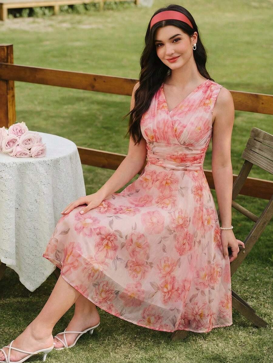 Vintamour Vestido de mujer elegante y vintage con estampado floral de organza, vestido casual de verano para vacaciones, ropa de verano, atuendos de verano para mujer, atuendos de festival, vestidos de festival, atuendo para el Día de la Madre, vestidos elegantes para mujer, vestidos elegantes para fiestas, vestidos elegantes de fiesta para mujer, vestido de invitada de boda, vestido de graduación, atuendos de vacaciones para mujer, atuendos de vacaciones para mujer, vestido de estilo campestre para mujer, vestido campestre para mujer, vestido rosa - Rosa - Ver 1