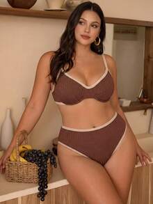 Swim Chiccia Plus Size Contrast Trim Minimalist Swimwear Set - Brown - View 4