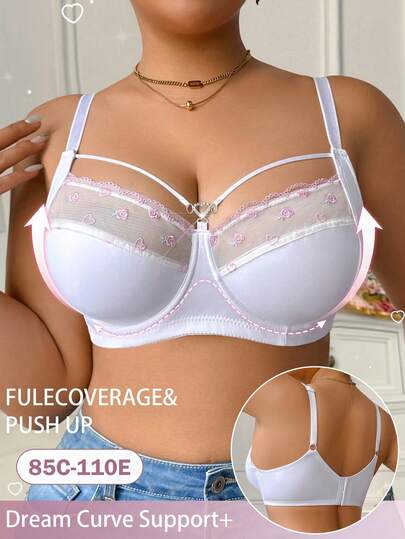 1pc Plus Size White Underwire Embroidered Splice Comfortable Supportive Bra Wired Bras Plus Size Plus Lingerie For Women